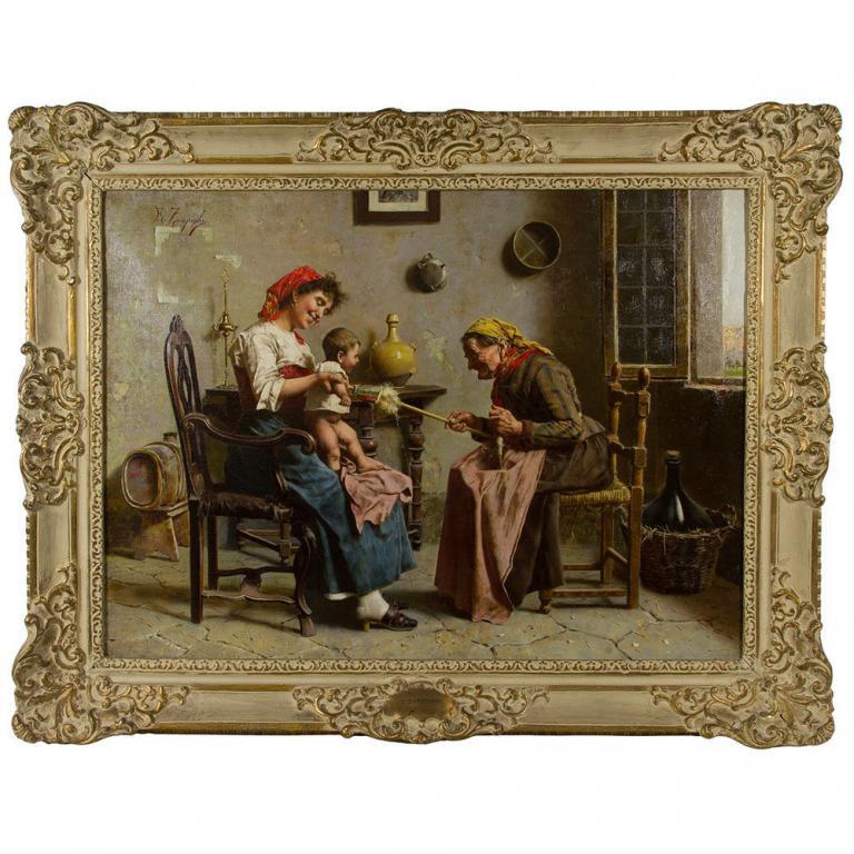 Eugenio Zampighi "Three Generations" Oil on Canvas